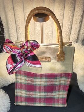 Longaberger Gold Canvas Tote with Plaid Pink Green Accent and Pink Scarf